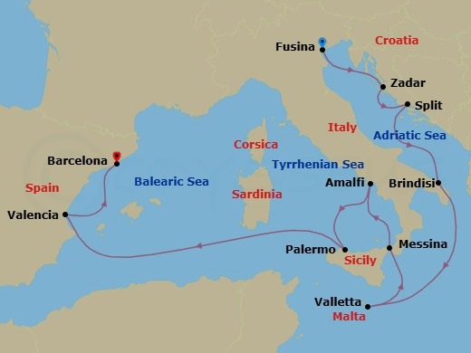 11 Night - Melody of Messina - Seven Seas Grandeur - Starting in Venice (Fusina), Zadar, Split, Brindisi, Cruising the Ionian Sea, Valletta, Messina (Sicily), Amalfi / Positano, Palermo (Sicily), Cruising the Mediterranean Sea, Valencia, Barcelona itinerary map