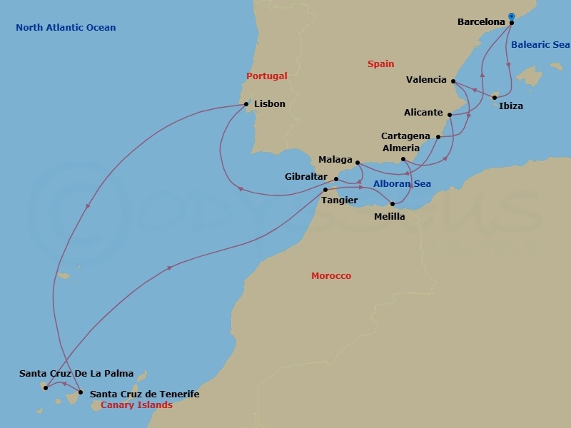 16 Night - Echoes of Explorers - Seven Seas Explorer - Starting in Barcelona, Ibiza, Valencia, Cartagena ES, Malaga, Gibraltar, Cruising the Atlantic Ocean, Lisbon, Cruising the Atlantic Ocean, Santa Cruz de Tenerife, Santa Cruz de La Palma, Cruising the Atlantic Ocean, Tangier, Melilla, Almeria, Alicante, Barcelona itinerary map