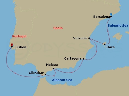 7 Night - Timeless Shores - Seven Seas Explorer - Starting in Barcelona, Ibiza, Valencia, Cartagena ES, Malaga, Gibraltar, Cruising the Atlantic Ocean, Lisbon itinerary map