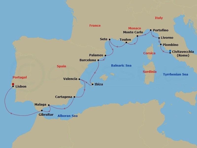 17 Night - Eternal Cities - Seven Seas Explorer - Starting in Rome (Civitavecchia), Piombino, Tuscany (Livorno), Portofino, Monte Carlo, Cruising the Ligurian Sea, Toulon, Sete, Palamos, Cruising the Balearic Sea, Barcelona, Ibiza, Valencia, Cartagena ES, Malaga, Gibraltar, Cruising the Atlantic Ocean, Lisbon itinerary map