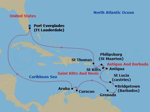 16 Night - Circle Caribbean - Island Princess - Starting in Fort Lauderdale, Florida, St Thomas, US Virgin Islands, St Maarten, St Kitts, Antigua, St Lucia, Barbados, Grenada, Curacao, Aruba, Fort Lauderdale, Florida itinerary map