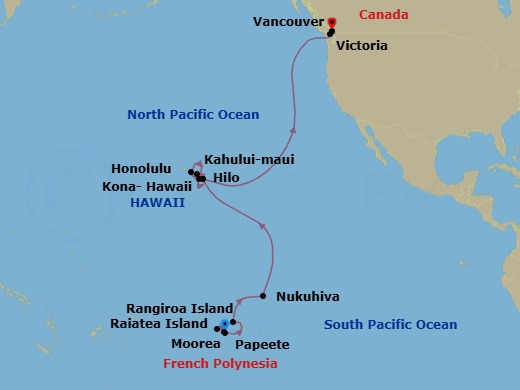 25 Night - Hawaii from Papeete to Vancouver - Silver Whisper - Starting in Papeete, Raiatea, Moorea Island, Rangiroa, Nuku Hiva, Hilo, Kahului, Honolulu, Kailua Kona, Hilo, Victoria CA, Vancouver itinerary map