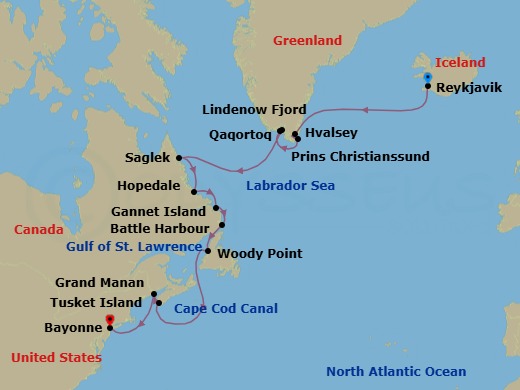15 Night - Reykjavik to Bayonne - Silver Endeavour - Starting in Reykjavik, Lindenow Fjord, Cruise Prince Christian Sound, Qaqortoq (Julianehab), Hvalsey, Cruise Saglek Fjord, Labrador, Hopedale, Gannet Island, Labrador, Battle Harbour, Woody Point, Newfoundland, Tusket Islands, Grand Manan, New Brunswick, Cape Cod Canal Transit (Canal Transit, Massachusetts), Bayonne, New Jersey itinerary map
