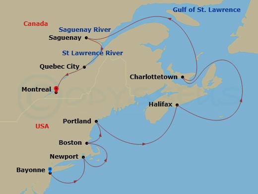 11 Night - Bayonne to Montreal - Silver Shadow - Starting in Bayonne, New Jersey, Newport, Rhode Island, Cape Cod Canal Transit (Canal Transit, Massachusetts), Boston, Massachusetts, Portland ME, Halifax, Nova Scotia, Charlottetown, Prince Edward Island, Saguenay, Quebec, Quebec City, Montreal itinerary map