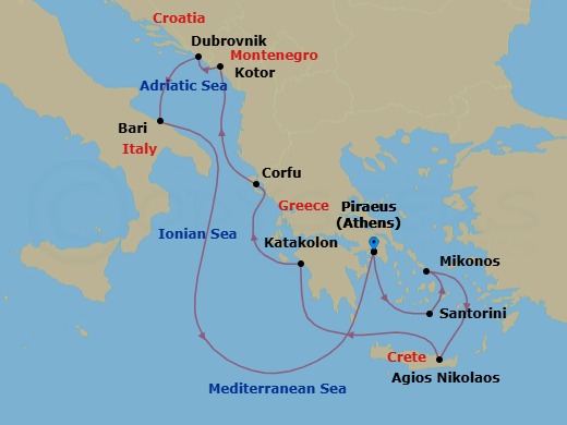 10 Night - Greek & Adriatic Havens - Oceania Allura - Starting in Athens (Piraeus), Santorini, Mykonos, Agios Nikolaos (Crete), Katakolon, Corfu, Kotor, Dubrovnik, Croatia, Bari, Athens (Piraeus) itinerary map