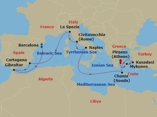14 Night - Mediterranean with Total Solar Eclipse - Sun Princess - Starting in Barcelona, Spain, Gibraltar, Cartagena ES, La Spezia (for Florence / Pisa), Italy, Civitavecchia (for Rome), Italy, Naples, Italy (for Capri and Pompeii), Crete (Chania), Greece, Kusadasi, Turkey (for Ephesus), Mykonos, Greece, Athens (Piraeus), Greece itinerary map