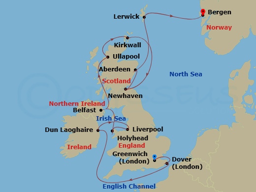 14 Night - British Isles Explorer - Viking Vela - Starting in London (Greenwich), Dover UK, Scenic Sailing English Channel, Dublin (Dun Laoghaire), Liverpool, Holyhead, Belfast, The Highlands (Ullapool), Orkney Islands (Kirkwall), Edinburgh (Newhaven Harbour), Aberdeen, Shetland Islands (Lerwick), Bergen itinerary map