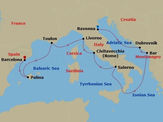 9 Night - Europe - Classic Mediterranean - Norwegian Viva - Starting in Venice (Ravenna), Italy, Dubrovnik, Croatia, Montenegro, Amalfi Coast (Salerno), Italy, Civitavecchia Rome, Italy, Livorno / Florence / Pisa, Italy, Toulon, France, Palma Majorca, Spain, Barcelona, Spain itinerary map