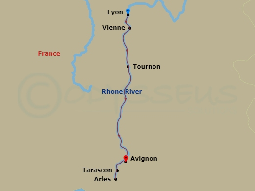 7 Night - Colors of Provence (Wine Cruise) - AmaKristina - Starting in Lyon, Vienne, Tournon, Avignon, Arles, Tarascon, Avignon itinerary map