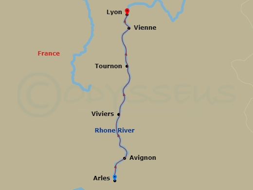 7 Night - Colors of Provence - AmaKristina - Starting in Arles, Avignon, Viviers, Tournon, Vienne, Lyon itinerary map