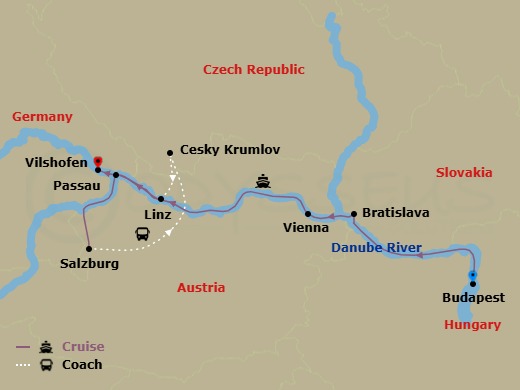 7 Night - City Escapes : the Danube - AmaVerde - Starting in Budapest, Bratislava, Vienna, Scenic Cruising, Salzburg, Cesky Krumlov, Linz, Passau, Vilshofen itinerary map