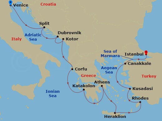 14 Night - Ancient Adriatic Treasures - Viking Lyra - Starting in Venice (Fusina), Split, Dubrovnik, Croatia, Kotor, Corfu (Kerkyra), Katakolon (Olympia), Athens (Piraeus), Crete (Heraklion), Rhodes, Ephesus (Kusadasi), Troy (Canakkale), Istanbul itinerary map