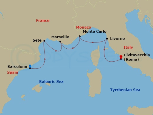 7 Night - Iconic Western Mediterranean - Viking Lyra - Starting in Barcelona, Sete, Marseille, Monte Carlo, Florence / Pisa (Livorno), Rome (Civitavecchia) itinerary map