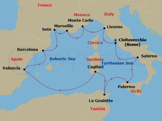 14 Night - Jewels of the Mediterranean - Viking Lyra - Starting in Rome (Civitavecchia), Salerno, Palermo, Sicily, Tunis (La Goulette), Sardinia (Cagliari), Sail the Mediterranean Sea, Valencia, Barcelona, Sete, Marseille, Monte Carlo, Florence / Pisa (Livorno), Rome (Civitavecchia) itinerary map