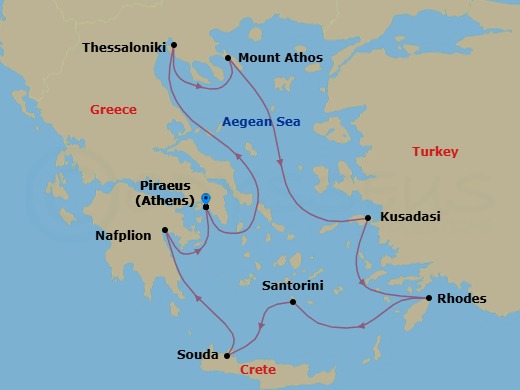 10 Night - Greek Odyssey - Viking Lyra - Starting in Athens (Piraeus), Sail the Aegean Sea, Thessaloniki, Scenic Sailing Mount Athos, Ephesus (Kusadasi), Rhodes, Santorini (Thira), Crete (Souda Bay), Nafplio, Athens (Piraeus) itinerary map