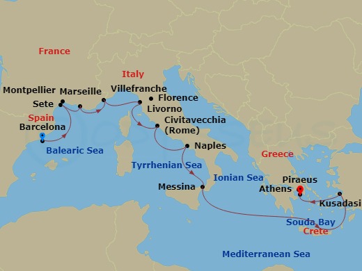 14 Night - Mediterranean Antiquities - Viking Lyra - Starting in Barcelona, Sete, Marseille, Villefranche-Sur-Mer, Florence / Pisa (Livorno), Rome (Civitavecchia), Naples, Sicily (Messina), Sail the Ionian Sea, Crete (Souda Bay), Ephesus (Kusadasi), Athens (Piraeus) itinerary map