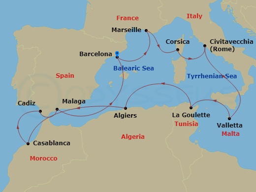 15 Night - Malta, Morocco & the Mediterranean - Viking Lyra - Starting in Barcelona, Marseille, Corsica (Ajaccio), Rome (Civitavecchia), Sail the Mediterranean Sea, Valletta, Tunis (La Goulette), Sail the Mediterranean Sea, Algiers, Sail the Strait of Gibraltar, Casablanca, Seville (Cadiz), Granada (Malaga), Sail the Balearic Sea, Barcelona itinerary map