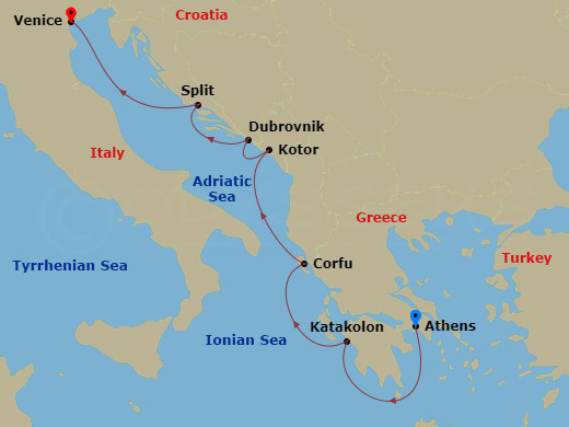 7 Night - Venice, the Adriatic & Greece - Viking Lyra - Starting in Athens (Piraeus), Katakolon (Olympia), Corfu (Kerkyra), Kotor, Dubrovnik, Croatia, Split, Venice (Fusina) itinerary map