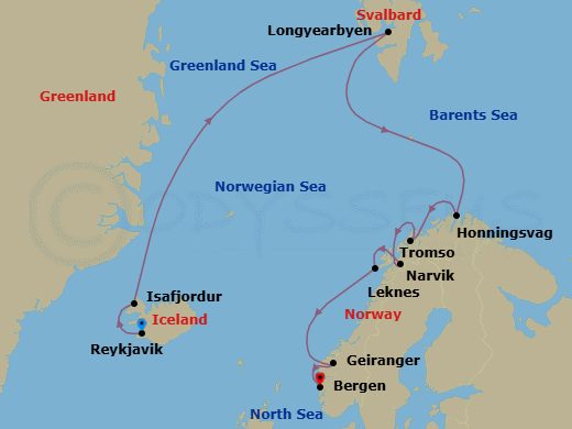 14 Night - Iceland & Norway's Arctic Explorer - Viking Astrea - Starting in Reykjavik, Isafjordur, Sail the Norwegian Sea, Longyearbyen, Sail the North Sea, Honningsvag, Tromso, Narvik, Lofoten (Leknes), Scenic Sailing Norwegian Inside Passage, Geiranger, Norway, Bergen itinerary map