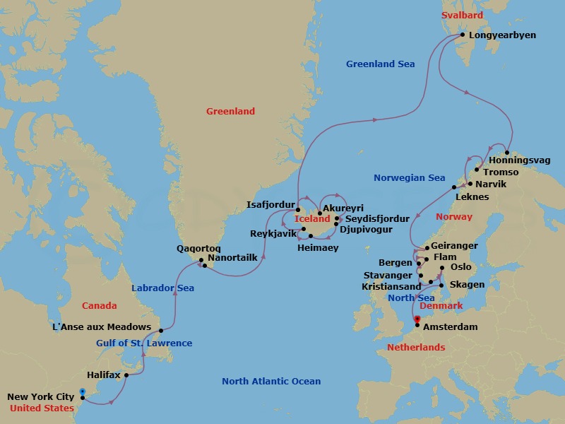 35 Night - Grand Fjords & Iconic Viking Shores - Viking Astrea - Starting in New York City, New York, Sail the Atlantic Ocean, Halifax, Nova Scotia, Sail the Gulf of St Lawrence, Lanse Aux Meadows, Newfoundland, Sail the Labrador Sea, Qaqortoq, Nanortalik, Sail the Atlantic Ocean, Isafjordur, Akureyri, Seydisfjordur, Djupivogur, Heimaey Westman Islands, Reykjavik, Isafjordur, Sail the Norwegian Sea, Longyearbyen, Sail the North Sea, Honningsvag, Tromso, Narvik, Lofoten (Leknes), Scenic Sailing Norwegian Inside Passage, Geiranger, Norway, Bergen, Flam, Norway, Stavanger, Kristiansand, Oslo, Skagen, Sail the North Sea, Amsterdam itinerary map