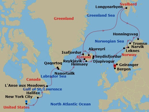 28 Night - Greenland, Iceland, Norway & Beyond - Viking Astrea - Starting in New York City, New York, Sail the Atlantic Ocean, Halifax, Nova Scotia, Sail the Gulf of St Lawrence, Lanse Aux Meadows, Newfoundland, Sail the Labrador Sea, Qaqortoq, Nanortalik, Sail the Atlantic Ocean, Isafjordur, Akureyri, Seydisfjordur, Djupivogur, Heimaey Westman Islands, Reykjavik, Isafjordur, Sail the Norwegian Sea, Longyearbyen, Sail the North Sea, Honningsvag, Tromso, Narvik, Lofoten (Leknes), Scenic Sailing Norwegian Inside Passage, Geiranger, Norway, Bergen itinerary map