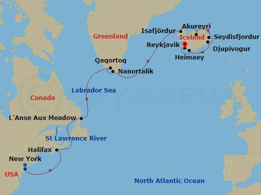 14 Night - Iconic Iceland, Greenland & Canada - Viking Astrea - Starting in New York City, New York, Sail the Atlantic Ocean, Halifax, Nova Scotia, Sail the Gulf of St Lawrence, Lanse Aux Meadows, Newfoundland, Sail the Labrador Sea, Qaqortoq, Nanortalik, Sail the Atlantic Ocean, Isafjordur, Akureyri, Seydisfjordur, Djupivogur, Heimaey Westman Islands, Reykjavik itinerary map