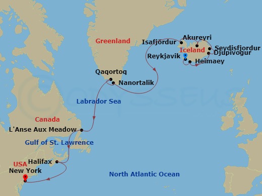 14 Night - Iconic Iceland, Greenland & Canada - Viking Astrea - Starting in Reykjavik, Heimaey Westman Islands, Djupivogur, Seydisfjordur, Akureyri, Isafjordur, Sail the Atlantic Ocean, Nanortalik, Qaqortoq, Sail the Labrador Sea, Lanse Aux Meadows, Newfoundland, Sail the Gulf of St Lawrence, Halifax, Nova Scotia, Sail the Atlantic Ocean, New York City, New York itinerary map