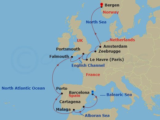 14 Night - Trade Routes of the Middle Ages - Viking Astrea - Starting in Barcelona, Murcia (Cartagena ES, Spain), Granada (Malaga), Sail the Atlantic Ocean, Porto, Sail the Atlantic Ocean, Falmouth, Portsmouth UK, Paris (Le Havre), Bruges (Zeebrugge), Amsterdam, Sail the North Sea, Bergen itinerary map