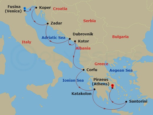 9 Night - Empires of the Mediterranean - Viking Astrea - Starting in Venice (Fusina), Koper, Zadar, Dubrovnik, Croatia, Kotor, Corfu (Kerkyra), Katakolon (Olympia), Santorini (Thira), Athens (Piraeus) itinerary map