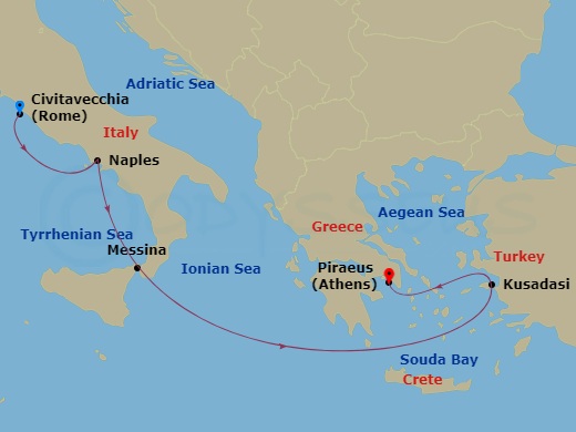 7 Night - Journey to Antiquities - Viking Astrea - Starting in Rome (Civitavecchia), Naples, Sicily (Messina), Sail the Ionian Sea, Crete (Souda Bay), Ephesus (Kusadasi), Athens (Piraeus) itinerary map