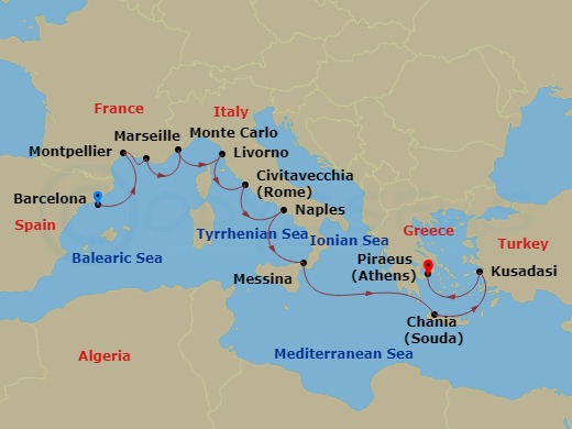 14 Night - Mediterranean Antiquities - Viking Astrea - Starting in Barcelona, Sete, Marseille, Monte Carlo, Florence / Pisa (Livorno), Rome (Civitavecchia), Naples, Sicily (Messina), Sail the Ionian Sea, Crete (Souda Bay), Ephesus (Kusadasi), Athens (Piraeus) itinerary map