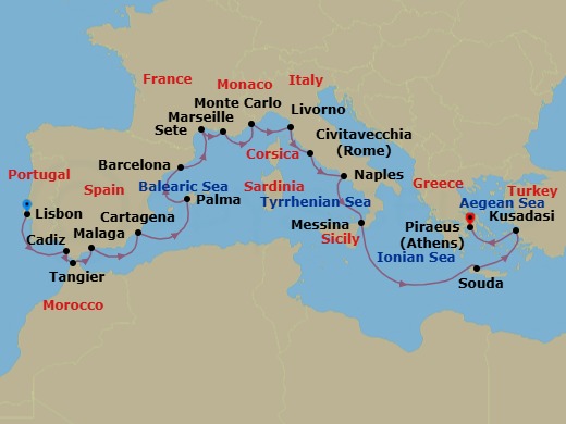 21 Night - Iberia & Mediterranean Antiquities - Viking Astrea - Starting in Lisbon, Seville (Cadiz), Tangier, Granada (Malaga), Murcia (Cartagena ES, Spain), Palma De Mallorca, Barcelona, Sete, Marseille, Monte Carlo, Florence / Pisa (Livorno), Rome (Civitavecchia), Naples, Sicily (Messina), Sail the Ionian Sea, Crete (Souda Bay), Ephesus (Kusadasi), Athens (Piraeus) itinerary map