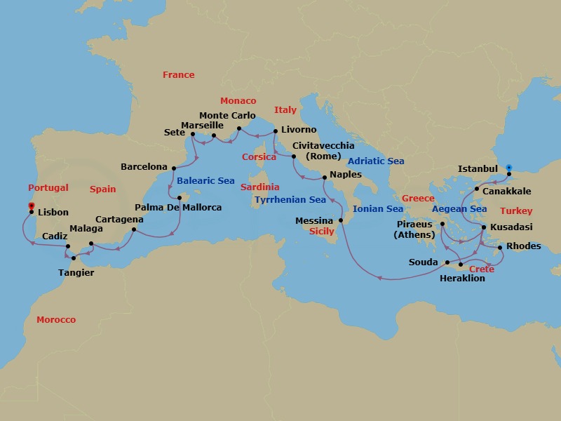 28 Night - Iberia, the Mediterranean & Aegean - Viking Astrea - Starting in Istanbul, Troy (Canakkale), Ephesus (Kusadasi), Rhodes, Crete (Heraklion), Athens (Piraeus), Ephesus (Kusadasi), Crete (Souda Bay), Sail the Ionian Sea, Sicily (Messina), Naples, Rome (Civitavecchia), Florence / Pisa (Livorno), Monte Carlo, Marseille, Sete, Barcelona, Palma De Mallorca, Murcia (Cartagena ES, Spain), Granada (Malaga), Tangier, Seville (Cadiz), Lisbon itinerary map