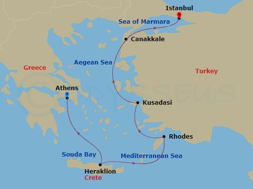7 Night - Ancient Mediterranean Treasures - Viking Astrea - Starting in Athens (Piraeus), Crete (Heraklion), Rhodes, Ephesus (Kusadasi), Troy (Canakkale), Istanbul itinerary map