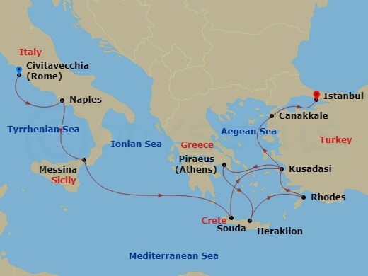 14 Night - Ancient Mediterranean Antiquities - Viking Astrea - Starting in Rome (Civitavecchia), Naples, Sicily (Messina), Sail the Ionian Sea, Crete (Souda Bay), Ephesus (Kusadasi), Athens (Piraeus), Crete (Heraklion), Rhodes, Ephesus (Kusadasi), Troy (Canakkale), Istanbul itinerary map