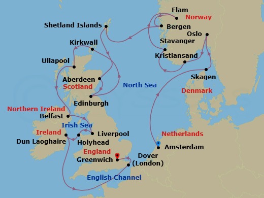 21 Night - British Isles & Viking Shores - Viking Libra - Starting in Amsterdam, Sail the North Sea, Skagen, Oslo, Kristiansand, Stavanger, Flam, Norway, Bergen, Shetland Islands (Lerwick), Aberdeen, Edinburgh (Newhaven Harbour), Orkney Islands (Kirkwall), The Highlands (Ullapool), Belfast, Liverpool, Holyhead, Dublin (Dun Laoghaire), Scenic Sailing English Channel, Dover UK, London (Greenwich) itinerary map