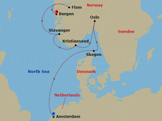 7 Night - Viking Shores & Fjords - Viking Libra - Starting in Amsterdam, Sail the North Sea, Skagen, Oslo, Kristiansand, Stavanger, Flam, Norway, Bergen itinerary map