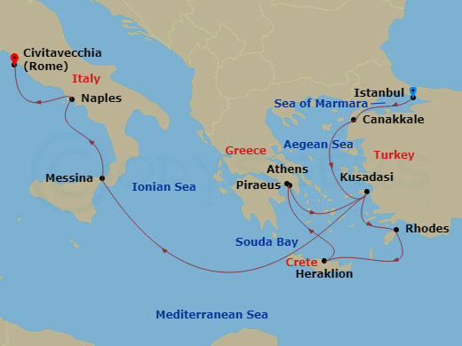 14 Night - Ancient Mediterranean Antiquities - Viking Libra - Starting in Istanbul, Troy (Canakkale), Ephesus (Kusadasi), Rhodes, Crete (Heraklion), Athens (Piraeus), Ephesus (Kusadasi), Crete (Souda Bay), Sail the Ionian Sea, Sicily (Messina), Naples, Rome (Civitavecchia) itinerary map