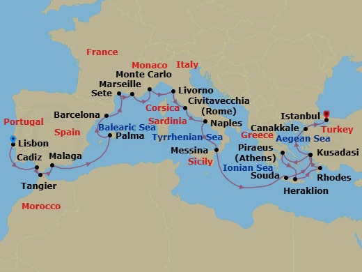 28 Night - Iberia, the Mediterranean & Aegean - Viking Libra - Starting in Lisbon, Seville (Cadiz), Tangier, Granada (Malaga), Sail the Mediterranean Sea, Palma De Mallorca, Barcelona, Sete, Marseille, Monte Carlo, Florence / Pisa (Livorno), Rome (Civitavecchia), Naples, Sicily (Messina), Sail the Ionian Sea, Crete (Souda Bay), Ephesus (Kusadasi), Athens (Piraeus), Crete (Heraklion), Rhodes, Ephesus (Kusadasi), Troy (Canakkale), Istanbul itinerary map