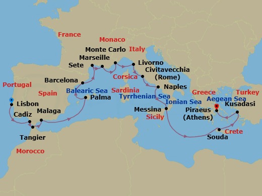 21 Night - Iberia & Mediterranean Antiquities - Viking Libra - Starting in Lisbon, Seville (Cadiz), Tangier, Granada (Malaga), Sail the Mediterranean Sea, Palma De Mallorca, Barcelona, Sete, Marseille, Monte Carlo, Florence / Pisa (Livorno), Rome (Civitavecchia), Naples, Sicily (Messina), Sail the Ionian Sea, Crete (Souda Bay), Ephesus (Kusadasi), Athens (Piraeus) itinerary map