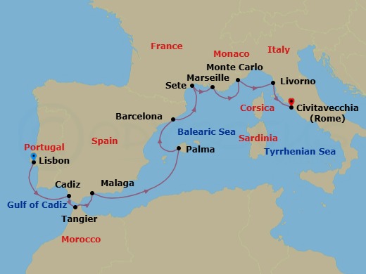 14 Night - Spain, Portugal & the Mediterranean - Viking Libra - Starting in Lisbon, Seville (Cadiz), Tangier, Granada (Malaga), Sail the Mediterranean Sea, Palma De Mallorca, Barcelona, Sete, Marseille, Monte Carlo, Florence / Pisa (Livorno), Rome (Civitavecchia) itinerary map