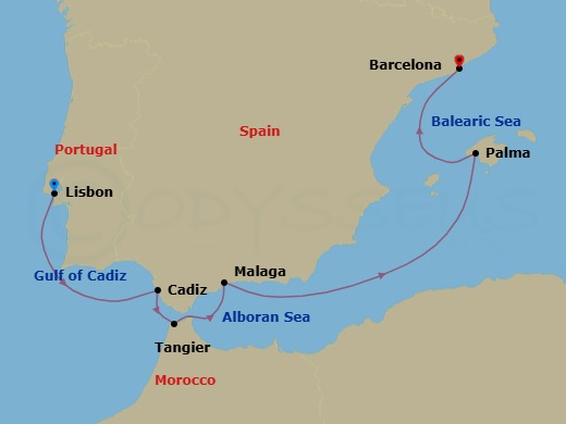 7 Night - Spain & Portugal Discovery - Viking Libra - Starting in Lisbon, Seville (Cadiz), Tangier, Granada (Malaga), Sail the Mediterranean Sea, Palma De Mallorca, Barcelona itinerary map