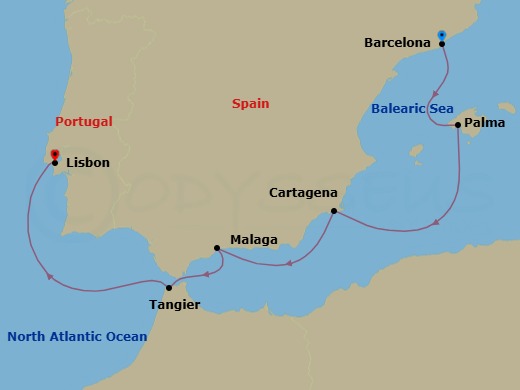 7 Night - Spain & Portugal Discovery - Viking Libra - Starting in Barcelona, Palma De Mallorca, Murcia (Cartagena ES, Spain), Granada (Malaga), Tangier, Sail the Atlantic Ocean, Lisbon itinerary map