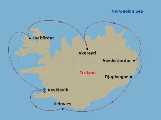 7 Night - Iceland's Natural Beauty - Viking Mira - Starting in Reykjavik, Isafjordur, Akureyri, Seydisfjordur, Djupivogur, Heimaey Westman Islands, Reykjavik itinerary map