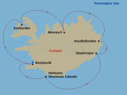 7 Night - Iceland's Natural Beauty - Viking Mira - Starting in Reykjavik, Heimaey Westman Islands, Djupivogur, Seydisfjordur, Akureyri, Isafjordur, Reykjavik itinerary map