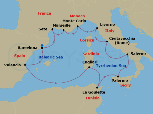 14 Night - Gems of the Mediterranean - Viking Mira - Starting in Barcelona, Valencia, Sail the Mediterranean Sea, Sardinia (Cagliari), Tunis (La Goulette), Palermo, Sicily, Salerno, Rome (Civitavecchia), Florence / Pisa (Livorno), Monte Carlo, Marseille, Sete, Barcelona itinerary map