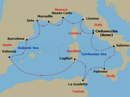 14 Night - Jewels of the Mediterranean - Viking Mira - Starting in Rome (Civitavecchia), Florence / Pisa (Livorno), Monte Carlo, Marseille, Sete, Barcelona, Valencia, Sail the Mediterranean Sea, Sardinia (Cagliari), Tunis (La Goulette), Palermo, Sicily, Salerno, Rome (Civitavecchia) itinerary map
