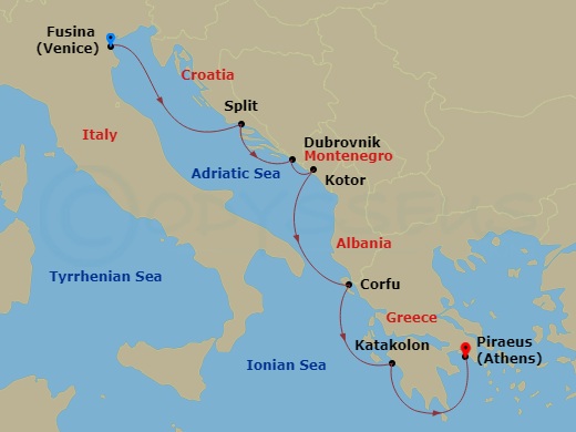 7 Night - Venice, the Adriatic & Greece - Viking Mira - Starting in Venice (Fusina), Split, Dubrovnik, Croatia, Kotor, Corfu (Kerkyra), Katakolon (Olympia), Athens (Piraeus) itinerary map