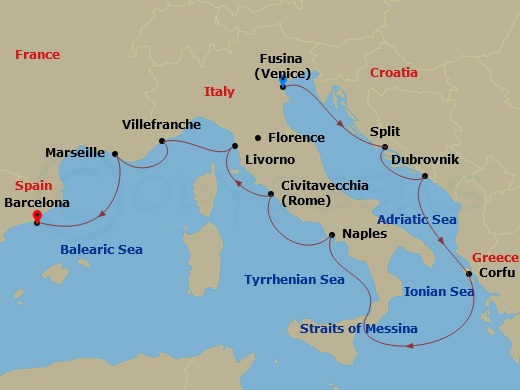 12 Night - Mediterranean Odyssey - Viking Mira - Starting in Venice (Fusina), Split, Dubrovnik, Croatia, Corfu (Kerkyra), Sail the Ionian Sea, Naples, Rome (Civitavecchia), Florence / Pisa (Livorno), Villefranche-Sur-Mer, Marseille, Barcelona itinerary map