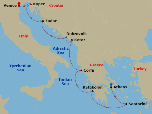 9 Night - Empires of the Mediterranean - Viking Mira - Starting in Athens (Piraeus), Santorini (Thira), Katakolon (Olympia), Corfu (Kerkyra), Kotor, Dubrovnik, Croatia, Zadar, Koper, Venice (Fusina) itinerary map